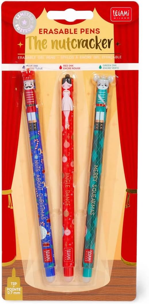 LEGAMI Set di penne cancellabili, edizione natalizia, schiaccianoci con 3 penne gel cancellabili, schiaccianoci, ballerina e re dei topolini