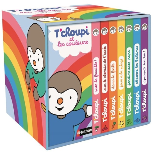 T'choupi et les couleurs Coffret en 8 volumes : Vive la famille ! ; Sur le chemin de l'école ; Dans la forêt ; Joue à la plage ; Jardinage avec papa ; Observe les baleines ; Apprenti sorcier !